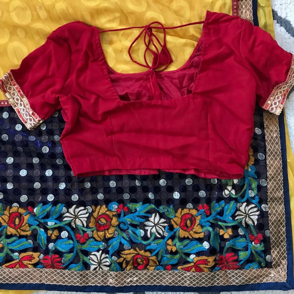 Yellow and blue embroidered Saree w/ red blouse